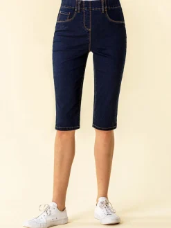 Roman Dark Blue Denim Stretch Knee Length Pedal Pusher Shorts Clearance