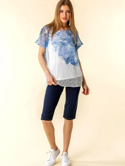 Roman Dark Blue Denim Stretch Knee Length Pedal Pusher Shorts Clearance