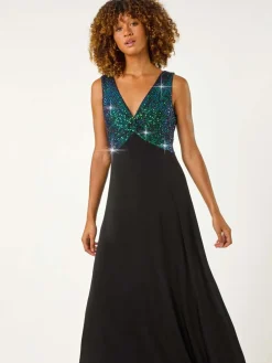 Roman Contrast Sequin Bodice Maxi Dress Green Best