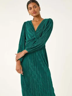 Roman Green Plisse Twist Front Midi Dress Clearance
