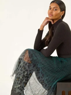 Roman Green Printed Pleat Mesh Skirt Sale