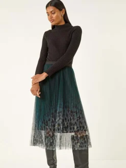 Roman Green Printed Pleat Mesh Skirt Sale