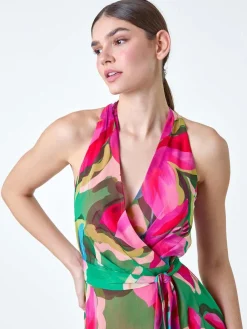 Roman Pink Floral Print Halterneck Maxi Dress Discount