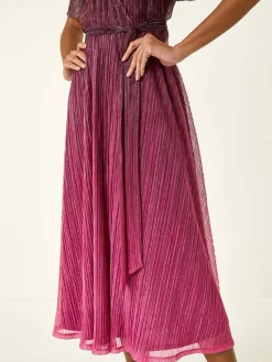 Roman Pink Ombre Shimmer Plisse Midi Dress