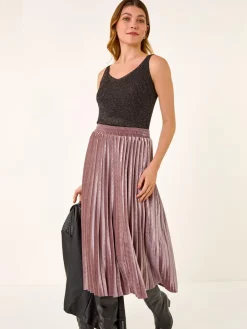 Roman Velvet Pleated Midi Skirt Pink