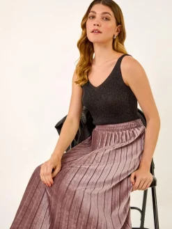 Roman Velvet Pleated Midi Skirt Pink