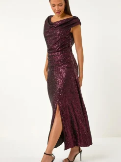 Roman Purple Sequin Cowl Neck Maxi Stretch Dress Hot
