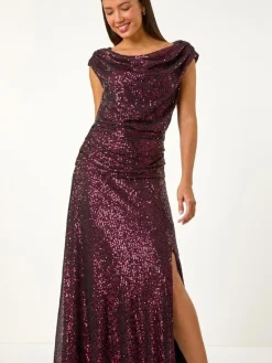 Roman Purple Sequin Cowl Neck Maxi Stretch Dress Hot