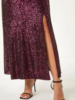 Roman Purple Sequin Cowl Neck Maxi Stretch Dress Hot