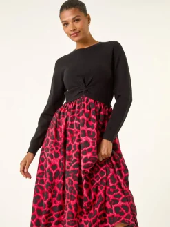 Roman Animal Print Twist Front Midi Dress Red Clearance
