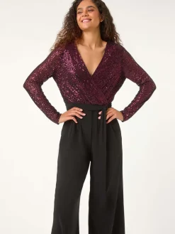 Roman Red Dark Sequin Wrap V-Neck Stretch Jumpsuit