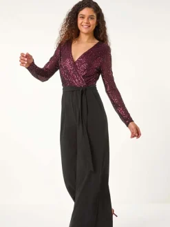 Roman Red Dark Sequin Wrap V-Neck Stretch Jumpsuit