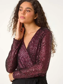 Roman Red Dark Sequin Wrap V-Neck Stretch Jumpsuit