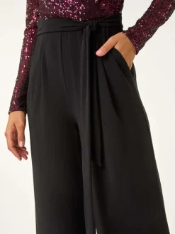 Roman Red Dark Sequin Wrap V-Neck Stretch Jumpsuit