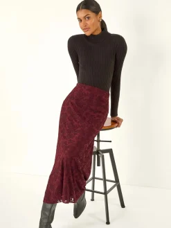 Roman Red Floral Textured A-Line Skirt Hot