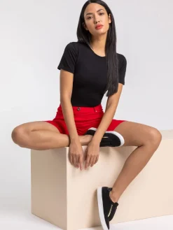 Roman Red Turned Hem Stretch Shorts Discount