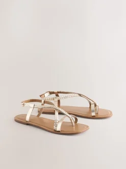 Next Rose Gold Leather Standard/Wide Fit Plait Strappy Toe Thong Sale