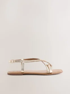 Next Rose Gold Leather Standard/Wide Fit Plait Strappy Toe Thong Sale