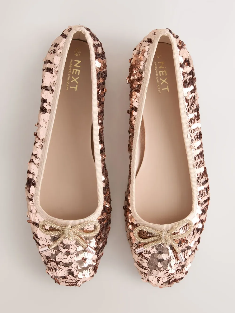 Next Rose Gold Sequin Standard/Wide Fit Round Toe Ballerina Shoes Discount