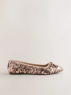 Next Rose Gold Sequin Standard/Wide Fit Round Toe Ballerina Shoes Discount