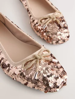 Next Rose Gold Sequin Standard/Wide Fit Round Toe Ballerina Shoes Discount
