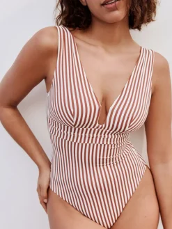 Next Rose/White Stripe Plunge Shaping Tummy Control Swimsuit Online