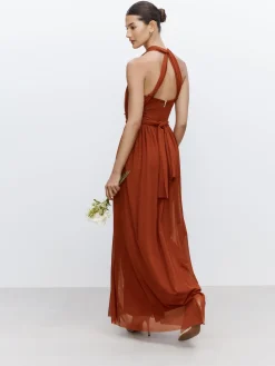 Next Rust Brown Mesh Multiway Wedding Guest Bridesmaid Maxi Dress Clearance