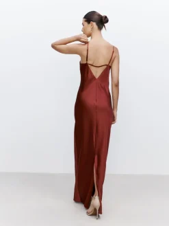 Next Rust Brown Satin Cowl Neck Wedding Guest Bridesmaid Maxi Dress Hot