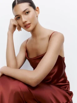 Next Rust Brown Satin Cowl Neck Wedding Guest Bridesmaid Maxi Dress Hot