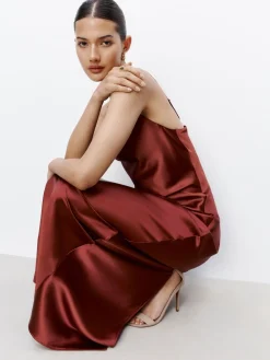 Next Rust Brown Satin Cowl Neck Wedding Guest Bridesmaid Maxi Dress Hot