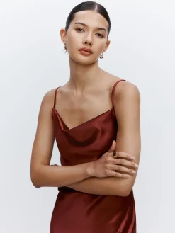 Next Rust Brown Satin Cowl Neck Wedding Guest Bridesmaid Maxi Dress Hot