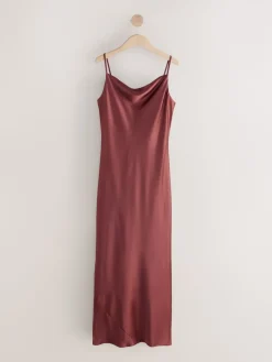 Next Rust Brown Satin Cowl Neck Wedding Guest Bridesmaid Maxi Dress Hot