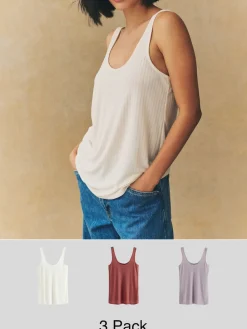 Next Strappy Scoop Neck Slouch Ribbed Vests 3 Pack Rust/Cream/Mauve Purple Sale