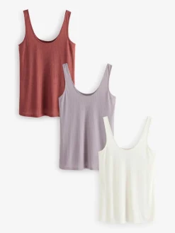 Next Strappy Scoop Neck Slouch Ribbed Vests 3 Pack Rust/Cream/Mauve Purple Sale