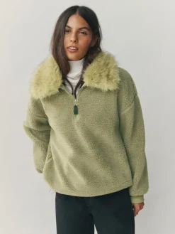 Next Sage Green Borg Quarter Zip Fleece with Fur Collar Hot