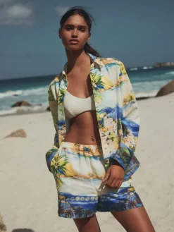 Next Scenic Print Elasticated Waist Shorts with Linen Hot