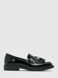 Schuh Black Wide Fit Layne Patent Tassel Loafers Discount