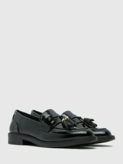 Schuh Black Wide Fit Layne Patent Tassel Loafers Discount