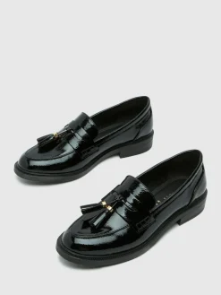 Schuh Black Wide Fit Layne Patent Tassel Loafers Discount