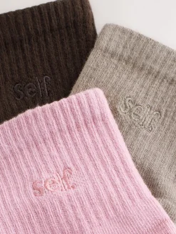 self. Cropped Ankle Embroidered Logo Gripper Socks 3 Pack Black/Pink/Mocha Brown Discount