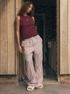 self. Burgundy Red Stripe Ribbed Vest Top and Long Leg Pyjamas Set