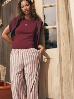 self. Burgundy Red Stripe Ribbed Vest Top and Long Leg Pyjamas Set