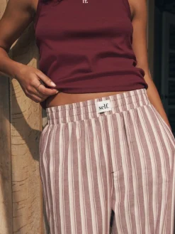 self. Burgundy Red Stripe Ribbed Vest Top and Long Leg Pyjamas Set