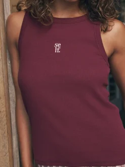 self. Burgundy Red Stripe Ribbed Vest Top and Long Leg Pyjamas Set