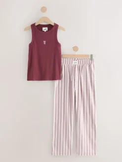 self. Burgundy Red Stripe Ribbed Vest Top and Long Leg Pyjamas Set