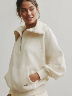self. Ecru Half Zip Collar Sweatshirt Outlet