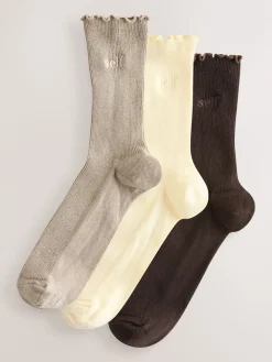 self. Neutral/Cream/Chocolate Lettuce Welt Embroidered Ankle Socks 3 Pack Hot