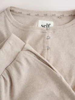 self. Ribbed Button Through Pyjamas Oatmeal Discount