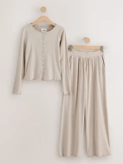 self. Ribbed Button Through Pyjamas Oatmeal Discount