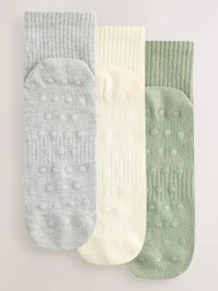 self. Cropped Ankle Embroidered Logo Gripper Socks 3 Pack Sage Green/Cream/Grey Hot